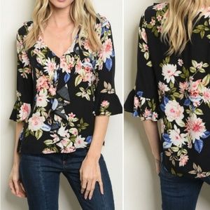 Black V-neck ruffled floral blouse